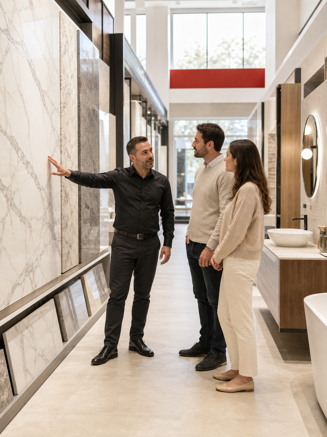 Mehmet Ceylan Yapı satış danışmanı showroomda bir çifte mermer karoları gösteriyor
